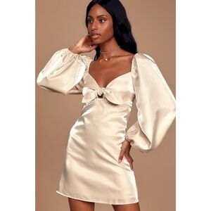 Lulus Sweet Daydream Cream Satin Puff Sleeve Tie-Front Mini Dress